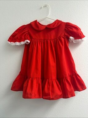 Vintage Bryan Red Peter Pan Collar Baby ruffle Dress with Eyelet Trim size 3T